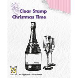 CT007 Happy New Year clearstamp Nellie Snellen wijn wijnglazen stempel kerst feest